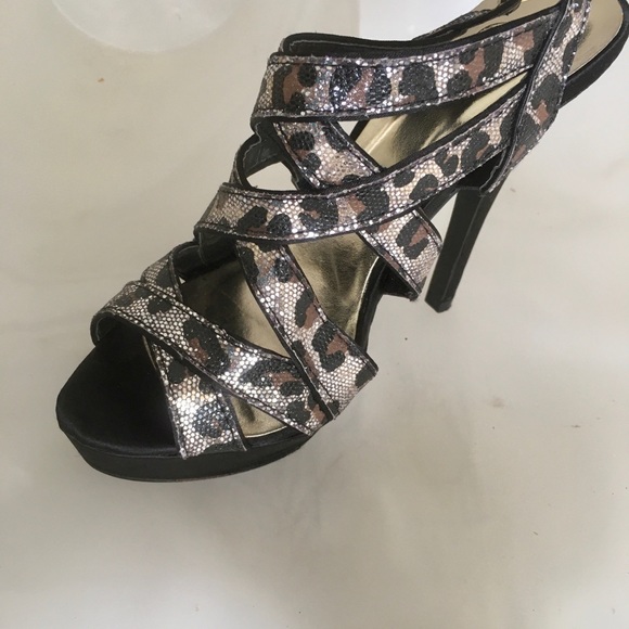 Platform Caged Stilletos Sandals Leopard Sequins - Picture 10 of 10